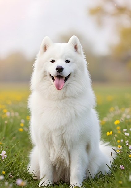 Happy samoyed dog field flowers2